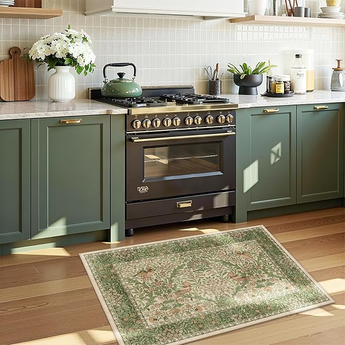 2x3 Floral Washable Area Rug for Entryway, Vintage Boho Rugs for Living Room Bedroom Dining Room, Botanical Birds Non Slip Low Pile Forest Animal Throw Carpet for Farmhouse Office, Retro Pink/Green