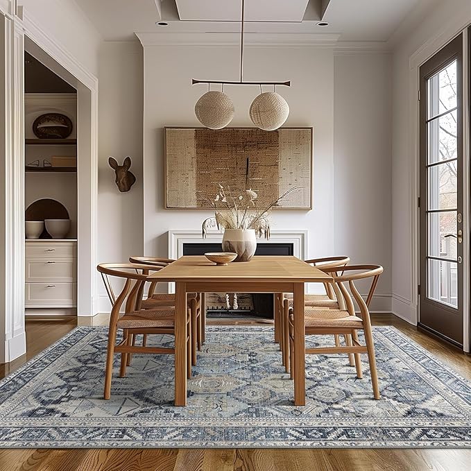 Bavni Washable Rug 6x9 Area Rug for Living Room Bedroom Dining, Washable Vintage Print Carpet, Ultra-Thin Chenille Low Pile Lightweight Rug with Non Slip Backing, Blue