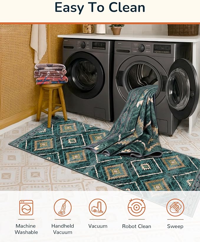 Area Rug 5x7 Rug Machine Washable Non-Slip Low Pile Print Pattern Western Rug for Living Room Bedroom Entryway Tribal Series -Teal/Green
