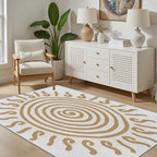 Boho Washable Rugs for Bedroom 7x10, Modern Sun Print Soft Minimalism Area Rug, Non Slip Low Pile Abstract Carpet for Classroom Living Room Decor Dining Room, Beige Yellow