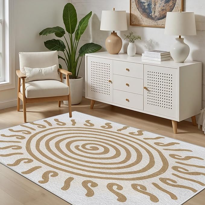 Boho Washable Rugs for Bedroom 3x5, Modern Sun Print Soft Minimalism Area Rug, Non Slip Low Pile Abstract Carpet for Classroom Living Room Decor Dining Room, Beige Yellow