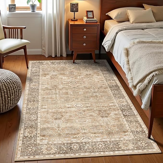4x6 Washable Area Rug for Living Room Bedroom Dining Room Non-Slip Low Pile Boho Vintage Distressed Entryway Rug Traditional Floral Retro Accent Throw Carpet for Dining Room Bathroom Kitchen Beige