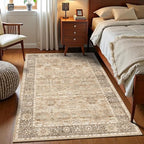 3x5 Washable Area Rug for Living Room Bedroom Dining Room Non-Slip Low Pile Boho Vintage Distressed Entryway Rug Traditional Floral Retro Accent Throw Carpet for Dining Room Bathroom Kitchen Beige