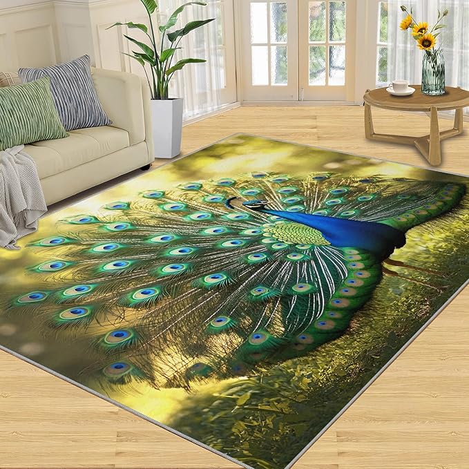 Peacock Rug 5x6-5x6 Rug, Wonderful Peacock Area Rugs for Bedroom, Nature Rugs for Living Room, Modern Style Washable Mat, Aesthetics Carpet - Peafowl Home Decor & Gifts