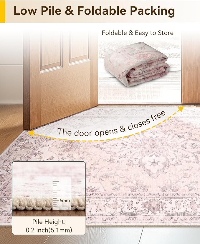 Area Rugs Square 8ft Washable Non-Slip, Floral Vintage Distress Print Pattern Medallion Carpet for Living Room Bedroom Dining Room, Pink Greypink Cute