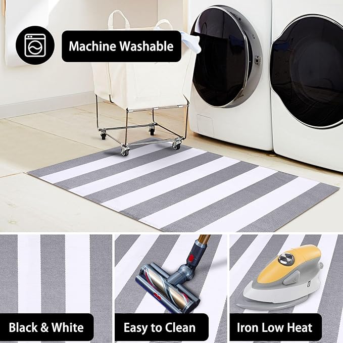 KOZYFLY Striped Outdoor Rug 27.5x43 Inches Front Door Rug Gray and White Hand Woven Cotton Washable Outdoor Doormats Outdoor Entrance Mat for Front Door Kitchen Entryway Patio Front Porch Decor