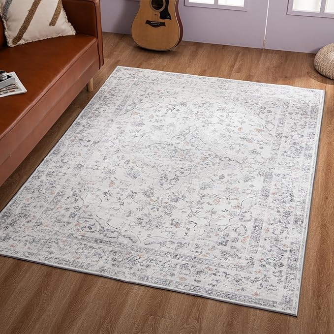 5x7 Washable Rug – Boho Non-Slip Indoor Area Rug for Living Room, Bedroom, Dining Room, Entryway – Ivory and Mist Grey with Subtle Blue Accents