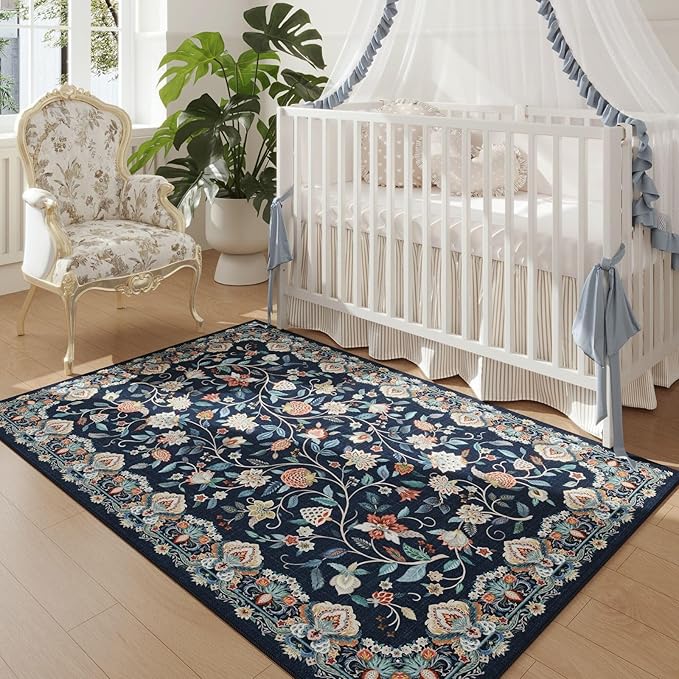 Rugcomf Vintage Paisley 3'x5' Area Rug - Machine Washable, Non-Slip Low Pile Small Floral Carpet for Bedroom, Bedside, Kitchen, Entryway, Kids/Girls Room, Office - Blue