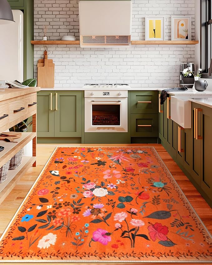 Boho Washable Area Rug 5x7 – Floral Low Pile Non-Slip Carpet for Living Room, Bedroom, Office, Playroom, Entryway, Kitchen, Dining Room (Orange)
