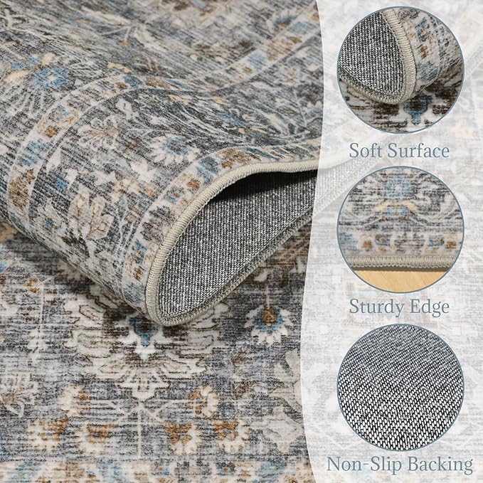 Washable Area Rugs 5'x7' Non-Slip Vintage Boho Distressed Fade Resistant Low Pile Carpet for High-Traffic Living Room, Bedroom & Dining Room