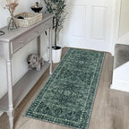 KOZYFLY Runners for Hallways 2x5 Ft Washable Kitchen Runner Rug Boho Runner Rug for Entryway Indoor Printed Oriental Faux Wool Floor Carpet Runner for Laundry Room Kitchen Hall, Dark Green
