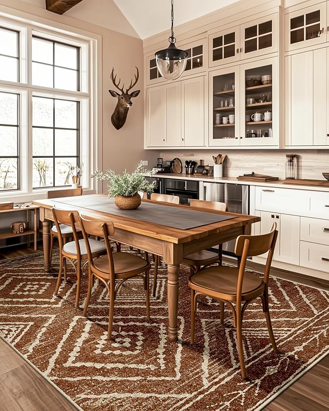 Area Rug 10x14 Rug Machine Washable Non-Slip Low Pile Print Pattern Western Rug for Living Room Bedroom Entryway Tribal Series -Yellowbrown/Cream