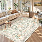 GarveeHome Washable Floral Area Rug 5x7 for Christmas Non Slip Bedroom Rug Soft Stain Resistant Large Dining Room Throw Carpet Low Pile Beige Bow Rugs Butterfly Flower Carpet for Living Room, 5x7