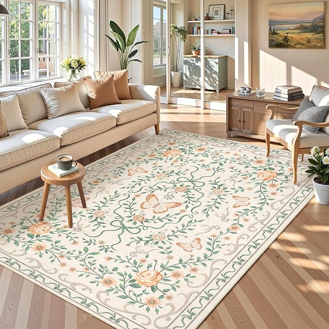 GarveeHome 3x5 Small Area Rug for Bedroom Floral Washable Rugs Non Slip Stain Resistant Living Room Throw Carpet Low Pile Dining Room Beige Area Rug Butterfly Bow Rugs for Nursery Home Decor, 3x5