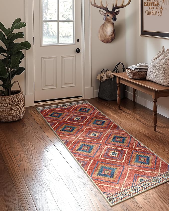 Area Rug 2x10 Rug Machine Washable Non-Slip Low Pile Print Pattern Western Rug for Living Room Bedroom Entryway Tribal Series -Red/Orange