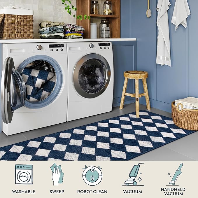 Lahome Checkered Washable Runner Rug,2x6 Rug Runners for Hallways Non Slip,Blue Kitchen Runner Rug,Moroccan Trellis Soft Low Pile Carpet Runners for Entryway Laundry Room Bathroom(2'x6',Blue)