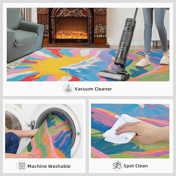 Boho Sun Area Rugs 6x9ft, Watercolor Mountain Fluffie Rugs for Living Room, Abstraction Deco Nursery Rug with Under Rug Non Slip Tape for Bedroom Kids Room