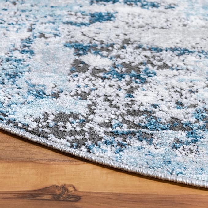 Rugs.com Leipzig Collection Rug – 8 Ft Round Blue Low-Pile Rug Perfect for Kitchens, Dining Rooms
