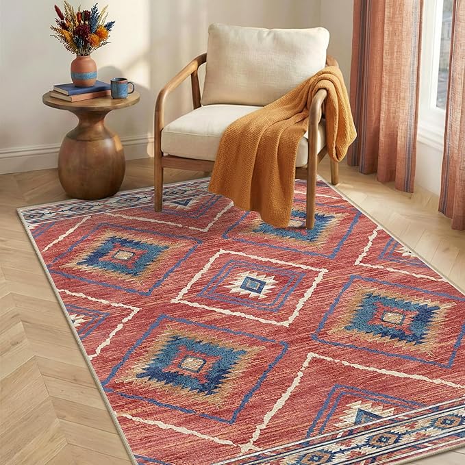 Area Rug 4x6 Rug Machine Washable Non-Slip Low Pile Print Pattern Western Rug for Living Room Bedroom Entryway Tribal Series -Red/Orange
