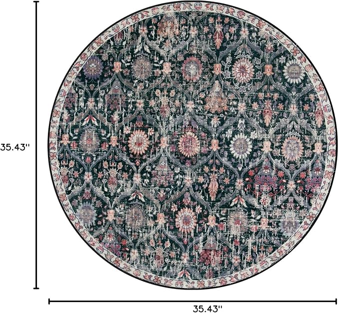 Lahome Moroccan Trellis Round Area Rugs, Washable Small Round Rug 3ft Non-Slip, Soft Vintage Ultra-Thin Circle Carpet for Bedroom Entryway Kitchen Laundry Bathroom, Black/Multi