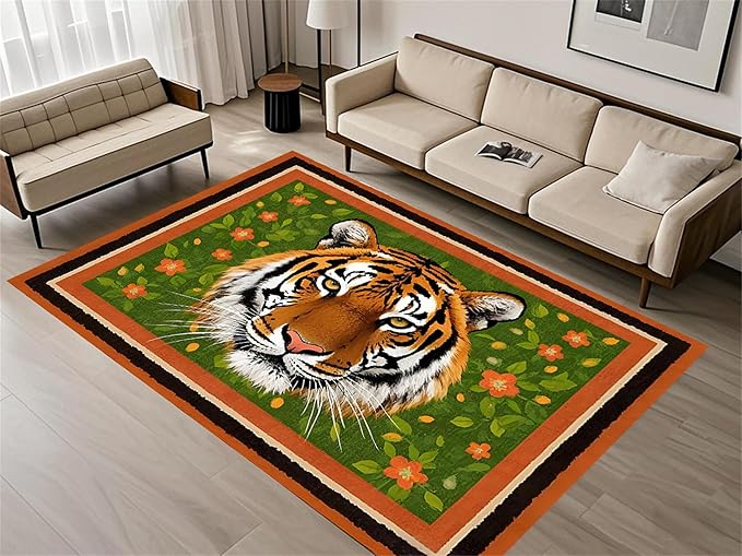 Tiger Print Rug,4x6ft,The Tiger is Surrounded by Orange and Green Floral Patterns. This Rug is Suitable for Boys and Girls' Bedrooms，Anti-Slip Carpet Suitable for Living Room Bedroom Home Decoration