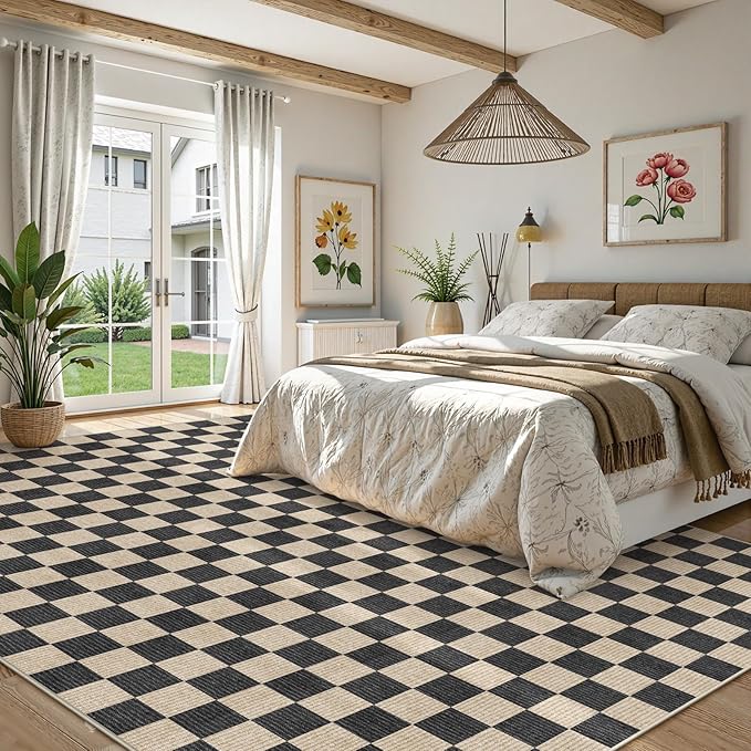LIVEBOX 9x12 Area Rugs for Living Room, Checkered Non-Slip Washable Rugs, Farmhouse Neutral Classic Geometric Large Boys Area Rug for Bedroom, Carpet for Living Dining Room Office(Black,9'x12')