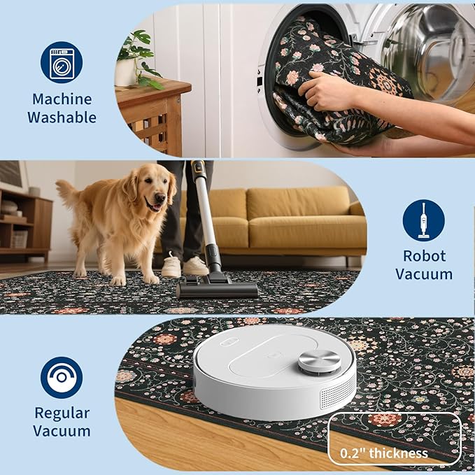 GarveeHome Boho 5x7 Area Rug for Bedroom, Floral Vintage Rugs for Living Room with Soft Low Pile, Non Slip Botanical Washable Rugs 5x7 for Dining Room Black Carpet for Entryway Dorm Office Playroom
