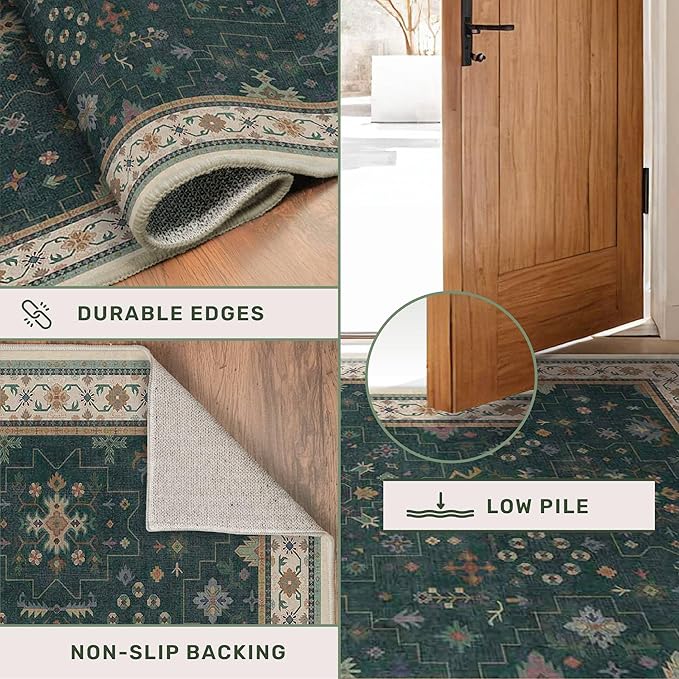 Dark Green Kitchen Rug 12 ft Long - Modern Vintage Boho Eclectic Floral with Brown Accent, Washable Low Pile Non-Slip Extra Long Wide Runner Rugs for Hallway, 3x12