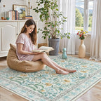 Lahome Blue 5x7 Area Rugs for Living Room, Boho Floral Washable Girls Bedroom Rug, Soft Retro Non-Slip Kids Nursery Carpet for Playroom Apartment Decor