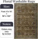 Large 8x10 Washable Area Rug for Living Room, No Shedding Vintage Floral Print Rugs Non Slip, Indoor Foldable Thin Retro Accent Carpet for Bedroom Farmhouse Dining Room Brown/Yellow