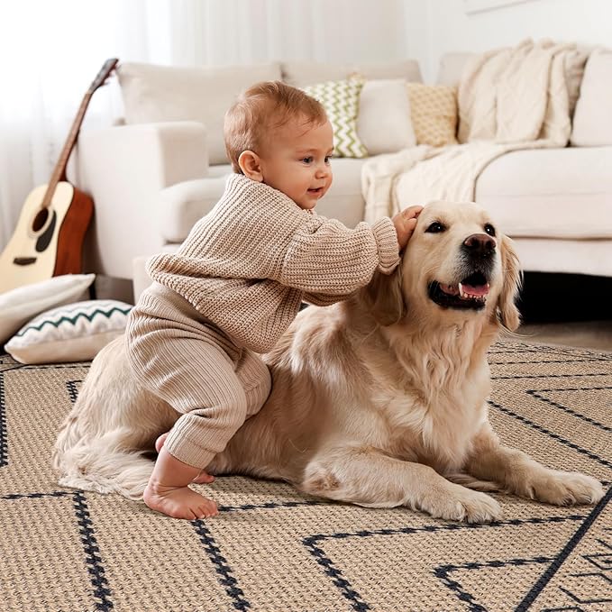 Tangsoo Easy Jute Rug 3x5 for Entryway,Geometric Non-Slip Washable Indoor Outdoor Door Carpet,Farmhouse Ultra Thin Throw Mat for Kitchen Bedroom Front