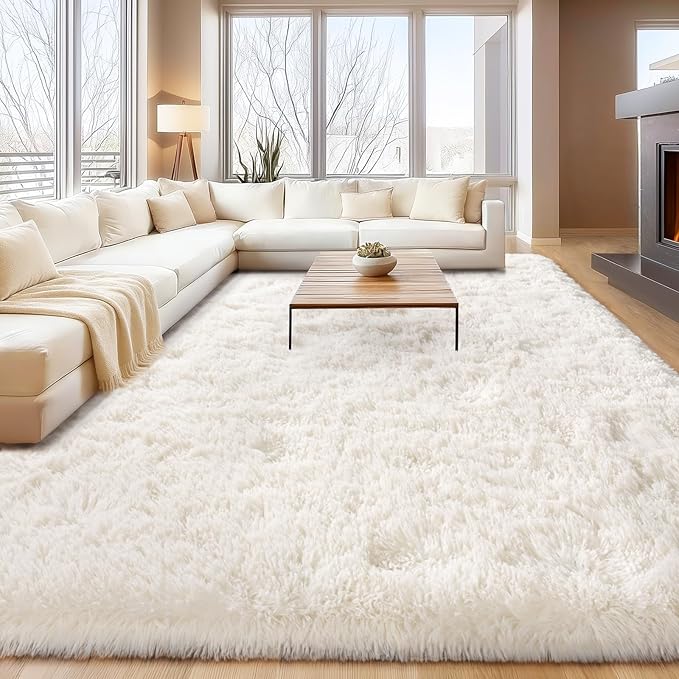 Cream White Plush Rug for Living Room Fuzzy Carpet for Bedroom Dorm, Non-Slip High Pile Rug, Shag Rug for Playroom Nursery Home Office Decor 8X10 Ft