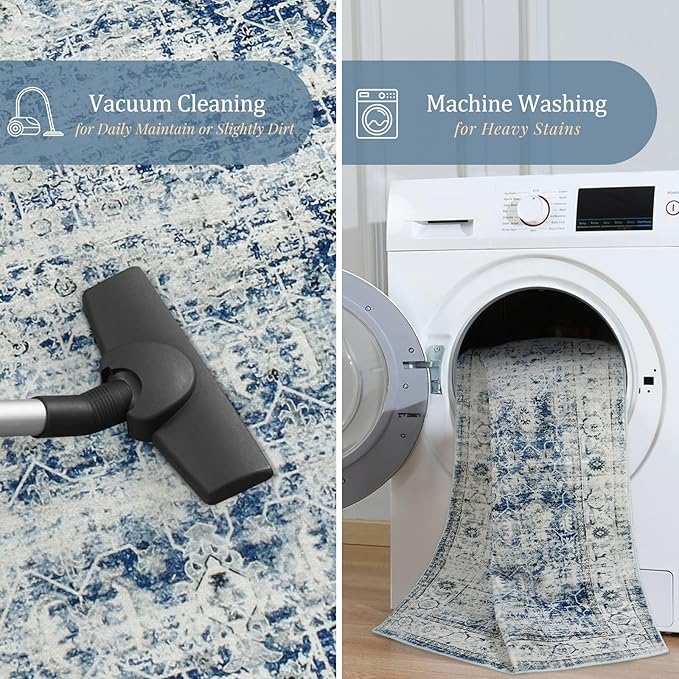 Morebes Vintage Washable Laundry Room Rugs and Mats,2.5x8 Blue Runner Rug Non Slip,Long Runner Rug for Entryway Indoor, Distressed Throw Rug Indoor Entrance Floor Carpet Runner, Blue