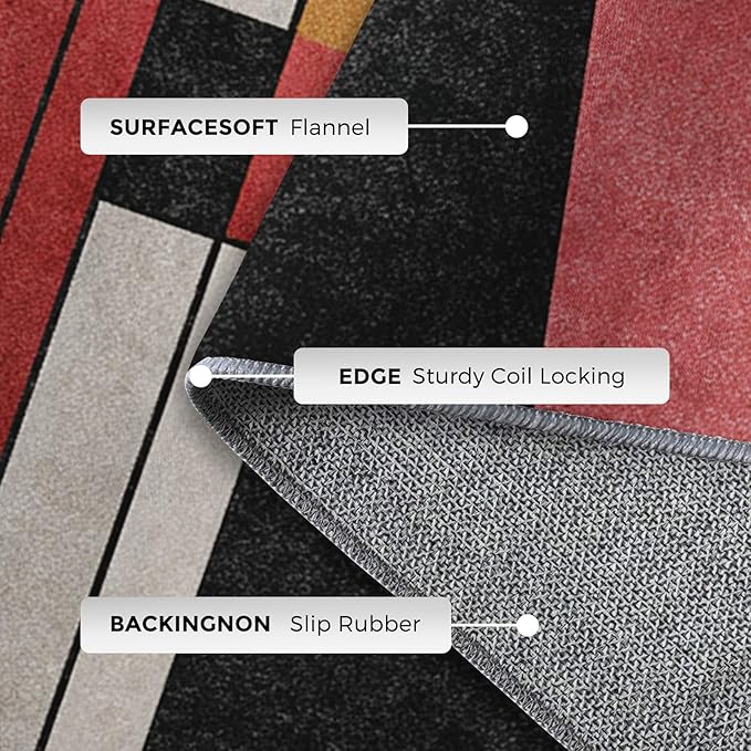 4x4 Abstract Geometric Rugs for Bedroom Decor, Washable Black White Red Geometry Pattern Area Rug, Living Room Home Decoration, Non Slip Soft Thin, Minimalist Modern Decor Carpet PF-P 49