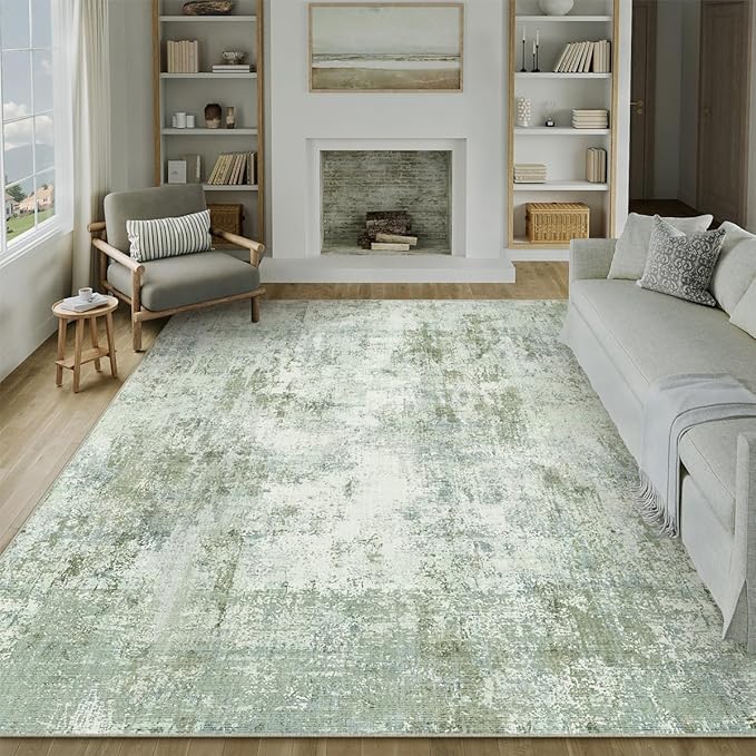 12x15 Washable Area Rug Sage Green Abstract Living Room Bedroom Carpet Neutral Modern Non-Slip Soft Low Pile Lightweight Vacuumable Large Throw Rug for Dining Room