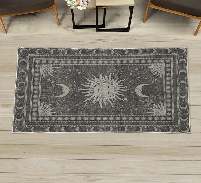 Ambesonne Sun and Moon Decorative Rug, Bohemian Artwork Design of Crescent Solar Ornament Esoteric Stars Ornaments, Quality Carpet for Bedroom Dorm and Living Room, 2' 2" x 3' 7", Sage Green