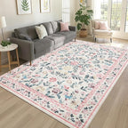 Floral Washable Rug 4x6, Non-Slip Low Pile Botanical Carpet, Vintage Farmhouse Area Rug for Bedroom Nursery Kids Room Home Decor, Pink
