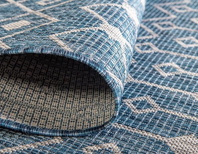 Unique Loom Outdoor Trellis Collection Area Rug - Tribal Trellis (8' Square, Blue/ Ivory)
