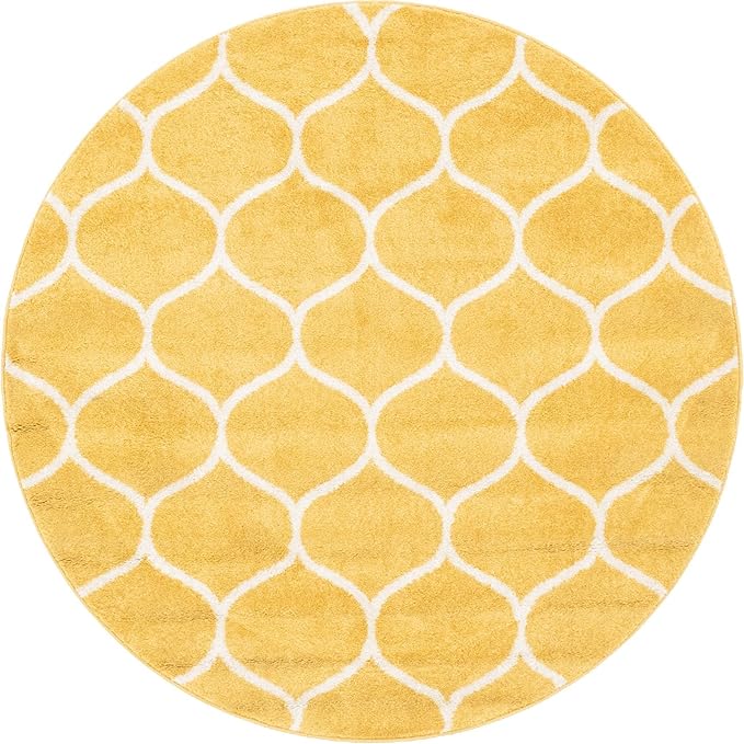 Rugs.com Lattice Frieze Collection Rug – 5' Round Yellow Medium Rug Perfect for Kitchens, Dining Rooms
