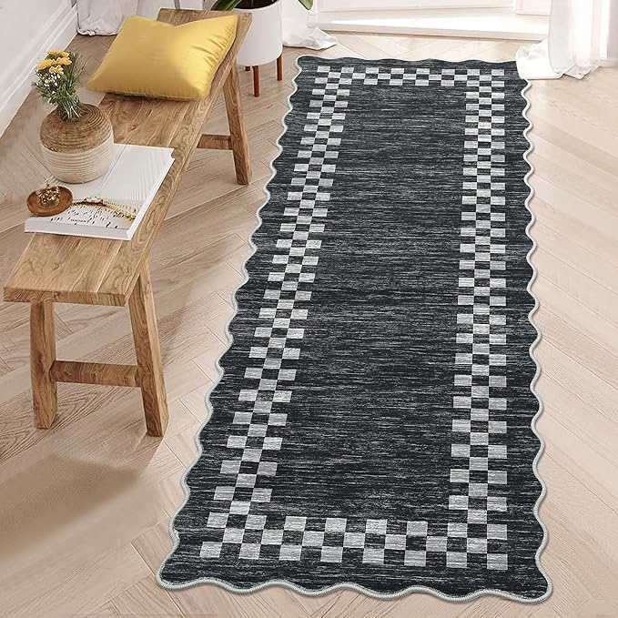 GarveeHome Hallway Runner Rug 2x6 Non Slip Scalloped Washable Rug for Kitchen Entry Stain Resistant Modern Border Throw Floor Carpet Long Runner Mat for Bathroom Living Room Bedside, Grey