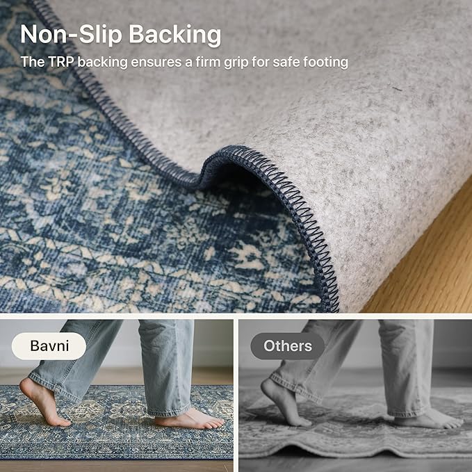 Bavni Washable Runner Rug 2x5, Non Slip Vintage Hallway Runner, Ultra Thin Low Pile Washable Carpet for Kitchen Entryway Bedroom, Blue