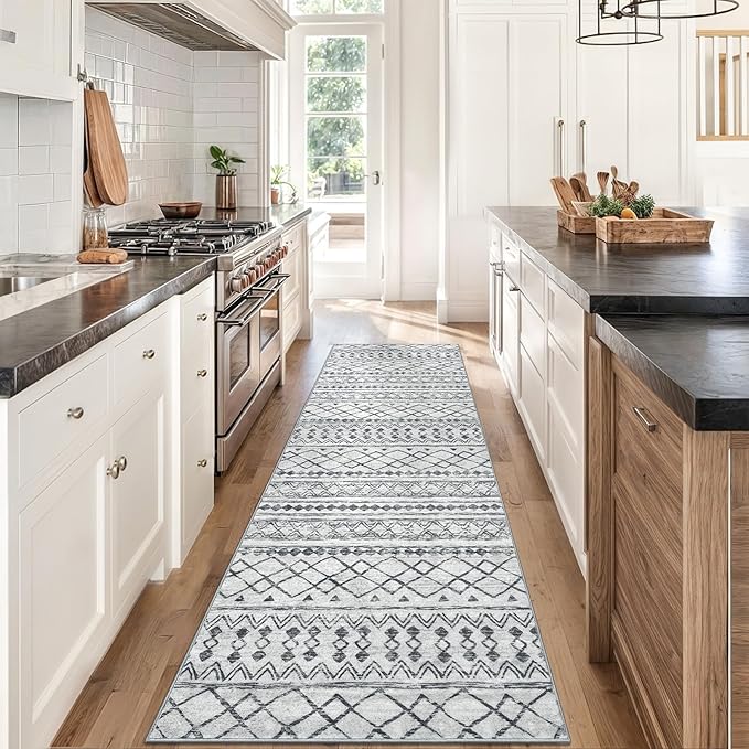 KUTA Moroccan Washable Runner Rug 2.6x8, Non-Slip Vintage Grey Boho Hallway Runners Kitchen Rugs Ultra Soft Print Distressed Geometric Floor Carpet for Bedroom Laundry Living Room
