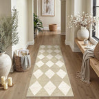 2x6 Runner Checkered Rug for Hallways Beige Washable Long Carpet Non-Slip Low Pile Boho Indoor Accent Throw Rug for Entrance Kitchen Bedroom Dining Laundry