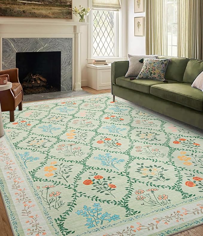 YIHOUSE 6x9 Washable Rug for Bedroom, Green Floral Rugs for Living Room Non Slip Ultra-Thin Large Boho Rug for Kids Playroom, Classroom, Girls Dorm, Nursery, Green Multi