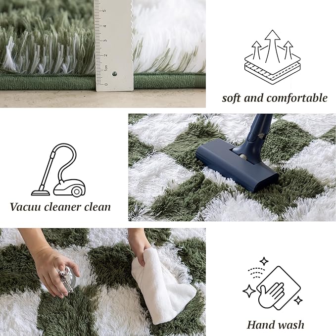 6x9 Area Rugs for Living Room Bedroom, Soft Fluffy Shaggy Bedside Rug, Indoor Floor Carpet for Kids Playroom, Dorms, Nursery Rooms, Home Decor (Olive Green & White 6'x9')