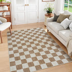 Machine Washable 5x7 Area Rugs for Living Room Checkered, Non Slip Soft Low Pile Farmhouse Geometric Modern Neutral Playroom Boys Rugs for Bedroom, Large Carpet Rugs for Dining Room(Brown,5'x7')