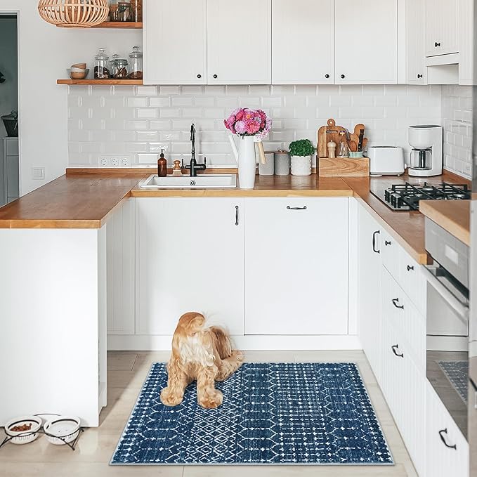 Lahome Moroccan Indoor Rugs for Entryway 2x3 Area Rug Non-Slip Backing Washable Inside Door Mats Low-Profile Throw Soft Rugs for Bathroom, Geometric Print Distressed Blue Rug for Kitchen Bedside