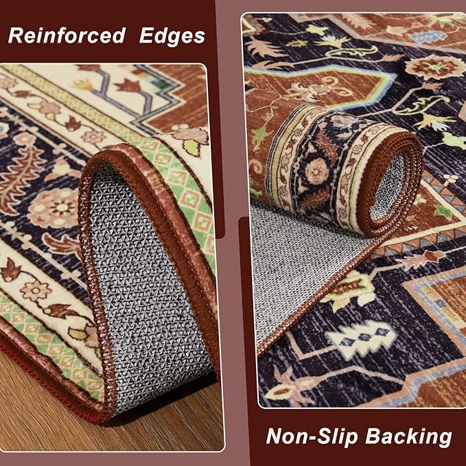 3x5 Orange Red Area Rug for Living Room, Machine Washable Rugs with Non-Slip Backing for Bedroom, Vintage Medallion Carpet Kitchen Laundry Kids Room Decor