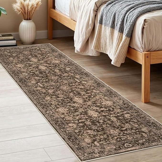 KILOCOCO Hallway Runner 2x6 Rug Runner Printed Floral Washable Kitchen Runners Non-Slip Rubber Backed Runners for Hallways Laundry Room Distressed Boho Rugs for Entryway Bedroom, Rust Brown Red