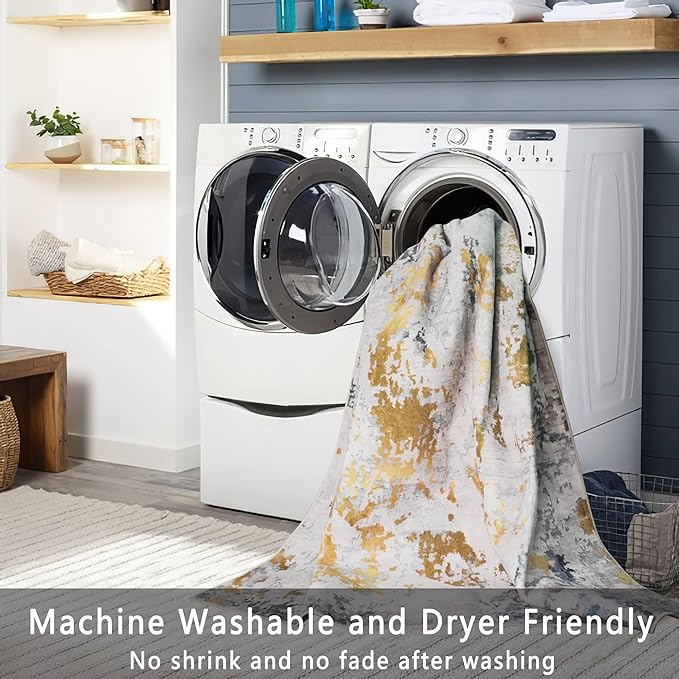vivorug 9x12 Area Rugs for Living Room, Non Slip Machine Washable Modern Abstract Rug, Ultra-Thin Lightweight Large Area Rug Carpet for Bedroom, Dining Room, Low Pile Grey/Mustard